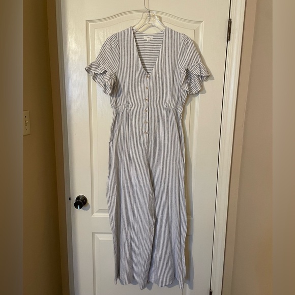 A Loves A Jumpsuit Blue White Ticking Wide Leg Linen Cotton Size S Coastal Boho - Picture 8 of 9